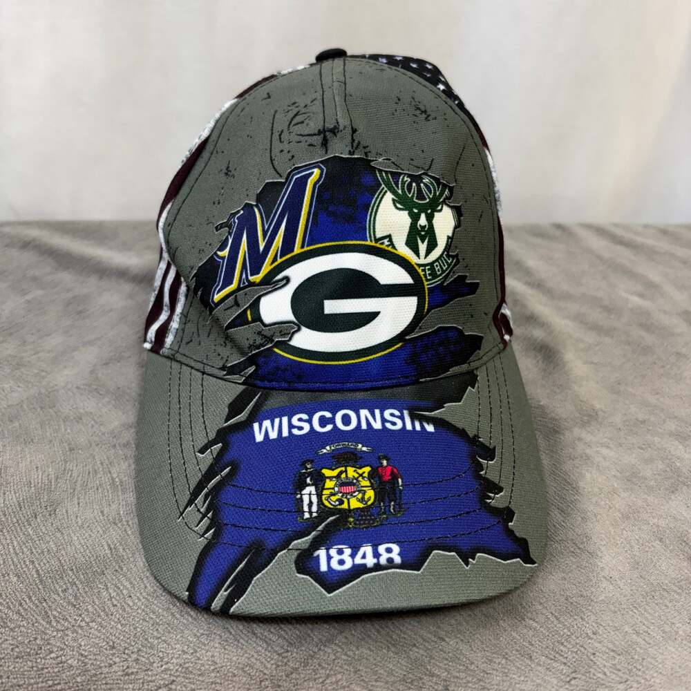 Wisconsin Sports Fan Baseball Hat Cap Brewers Packers Bucks State Flag Strapback